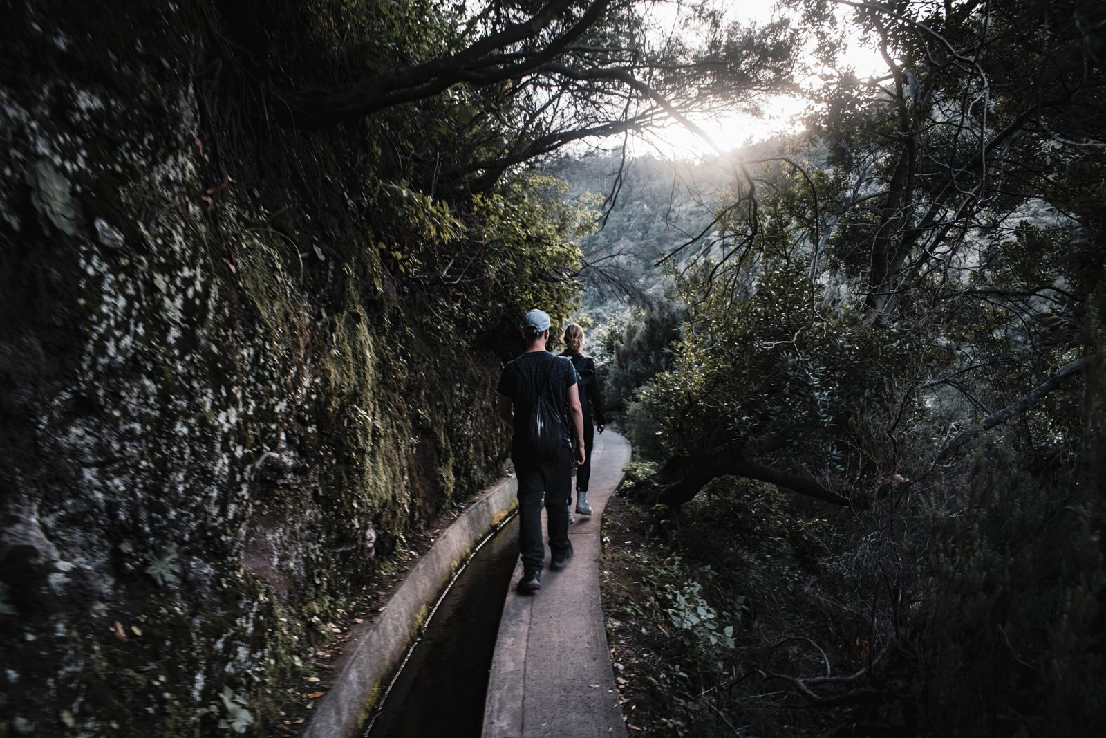 Sendero de levada entre montañas verdes en Madeira