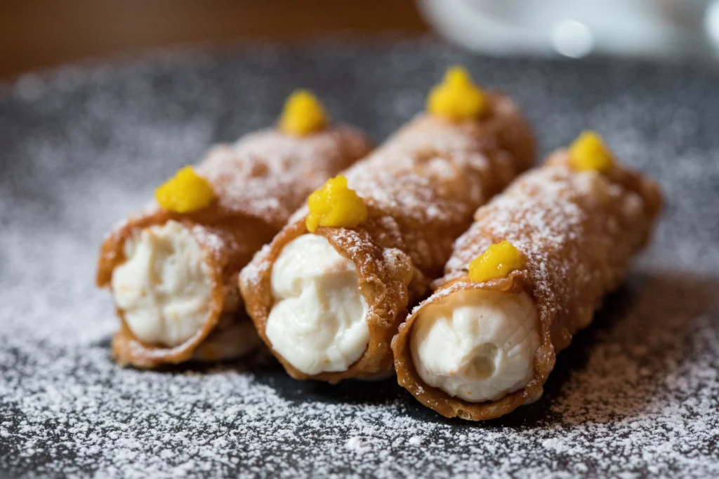 Cannoli sicilianos y granita con brioche sobre una mesa de café