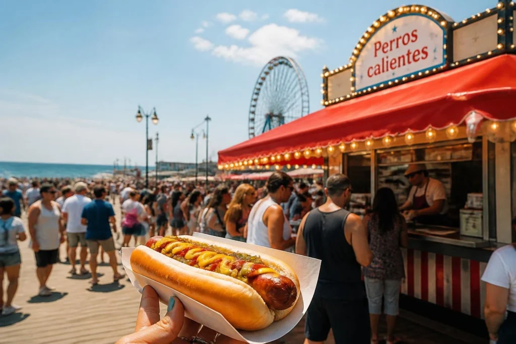 Hot dog con mostaza en la mano frente al paseo de Coney Island en verano